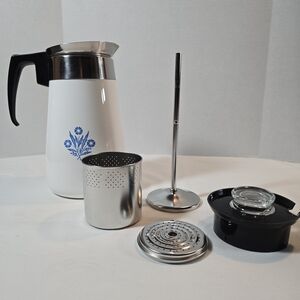 Corningware White and Silver Coffee Press with Blue Floral Design